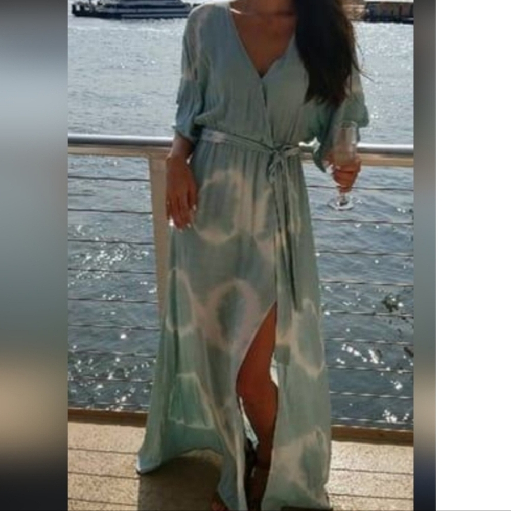 Lulus Womens Tie-Dye Dusty Sage  Kimono Slv Wrap Maxi Dress Pullover Oversized S - Picture 15 of 15